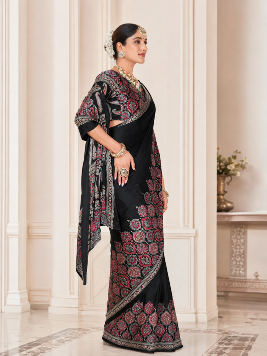 BLACK HALF BORDER AJRAKH SAREE.