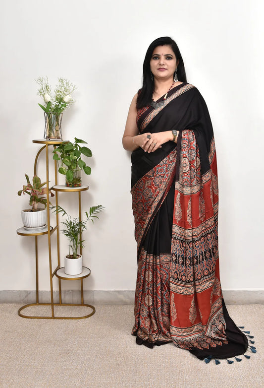 BLACK AND RED COLOR AJRAKH SAREE.