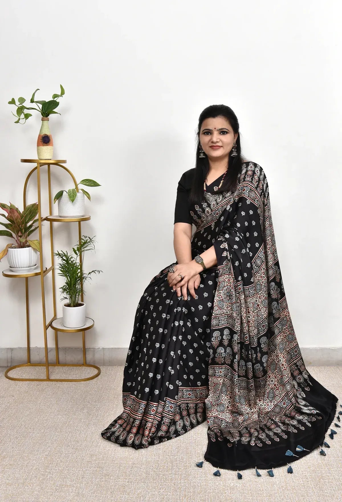 BLACK COLOR AJRAKH LOTUS SAREE
