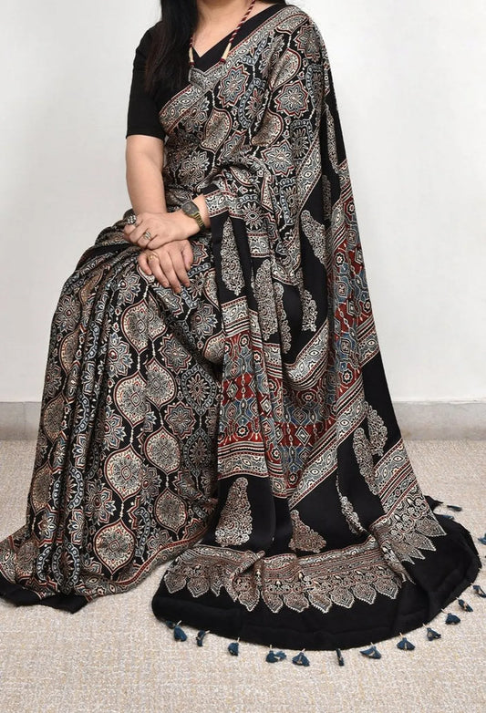 BLACK COLOR AJRAKH SAREE.