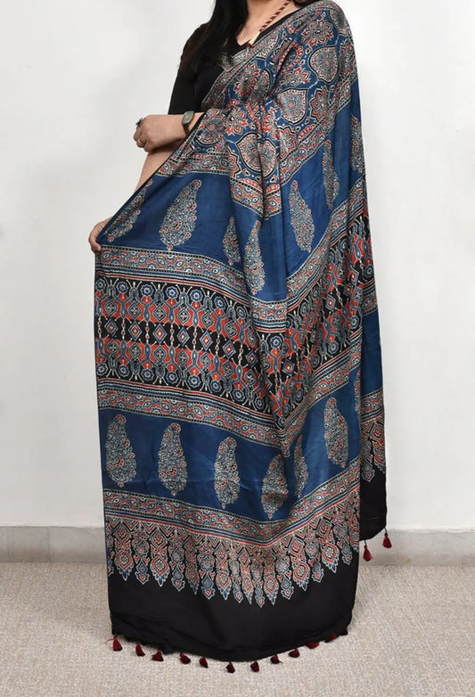 BLUE COLOR AJRAKH SAREE.