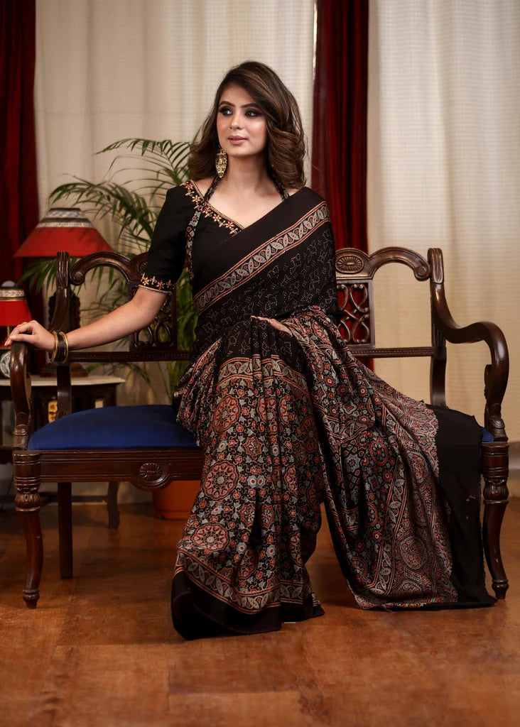 EXCLUSIVE BLACK AJRAKH SAREE