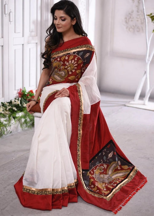 MAROON AND WHITE KALAMKARI SAREE
