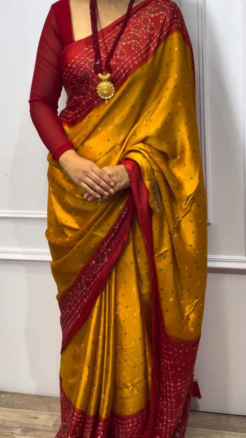 MUSTERD AND RED BANDHNI SAREE