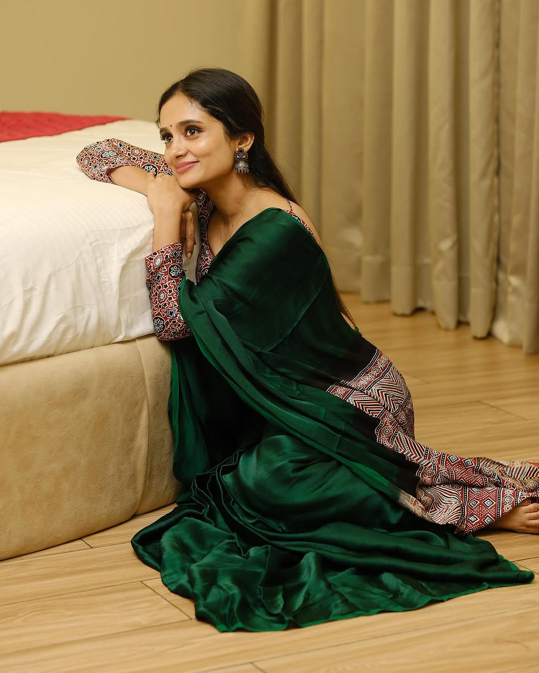 GREEN AND RED AJRAKH PALLU SAREE