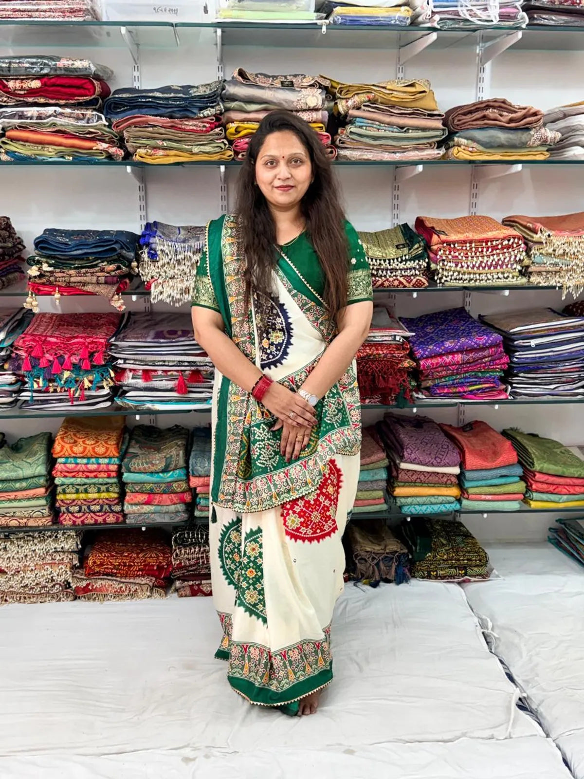 GREEN AND OFFWHITE KASUMBOO SAREE