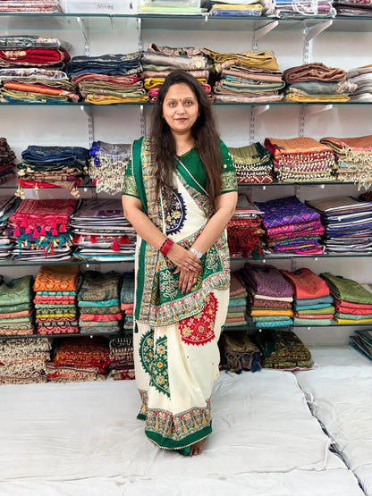 GREEN AND OFFWHITE KASUMBOO SAREE