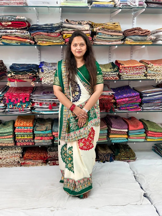 GREEN AND OFFWHITE KASUMBOO SAREE