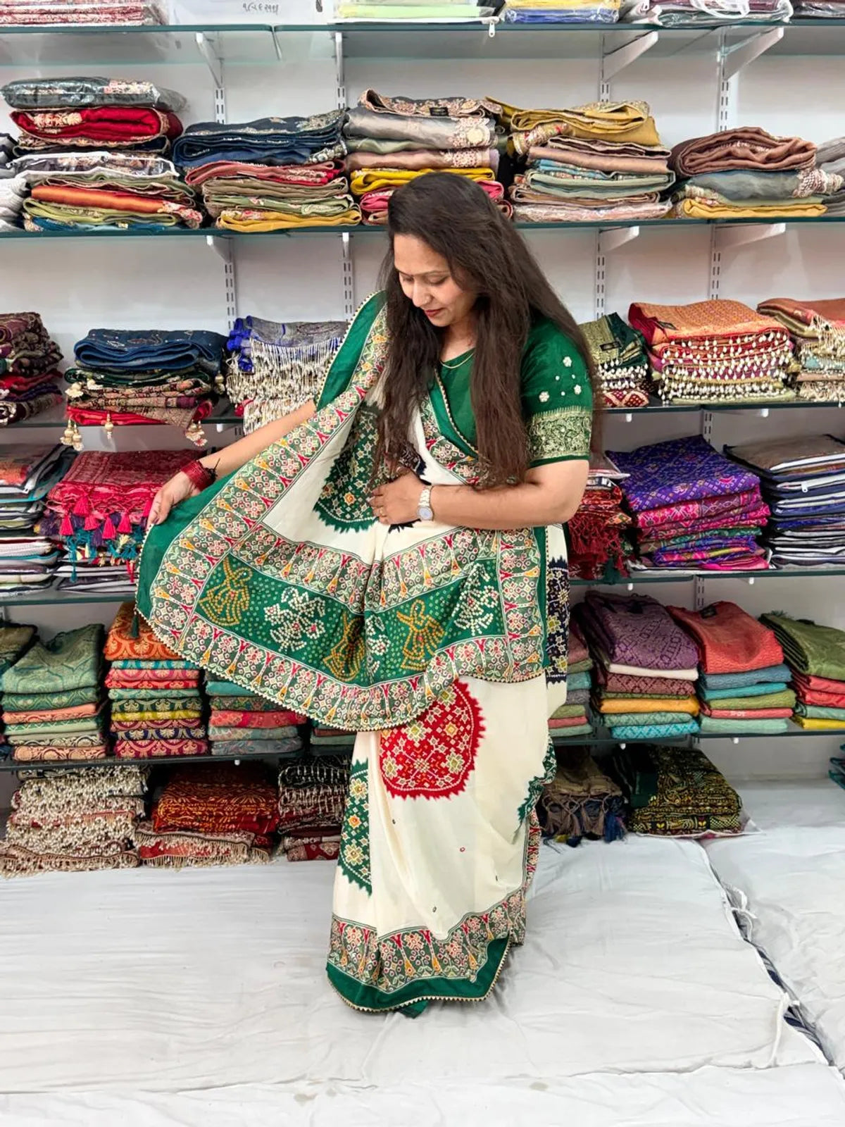 GREEN AND OFFWHITE KASUMBOO SAREE