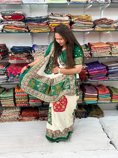 GREEN AND OFFWHITE KASUMBOO SAREE