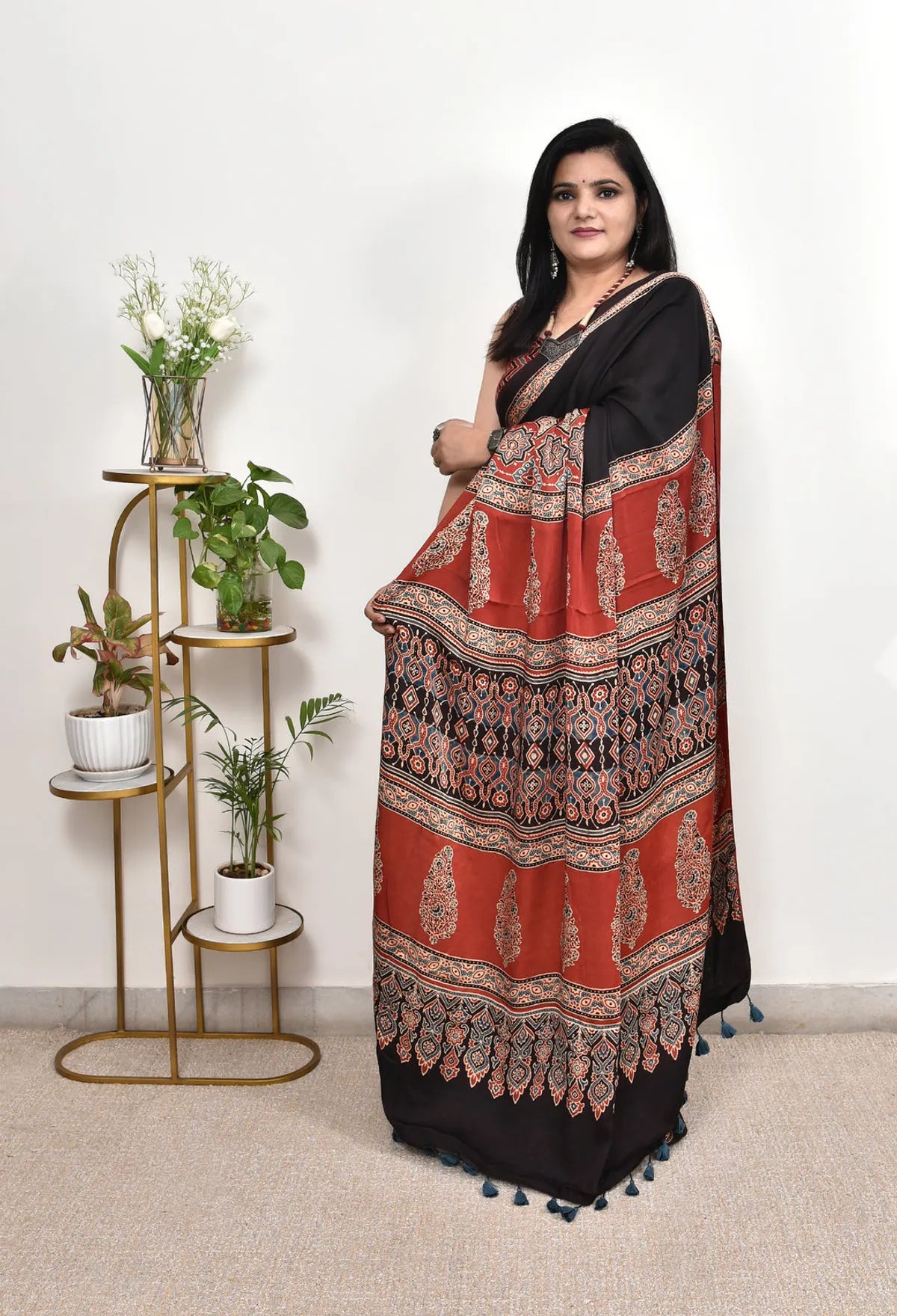 BLACK AND RED COLOR AJRAKH SAREE.
