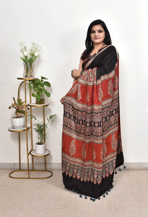 BLACK AND RED COLOR AJRAKH SAREE.