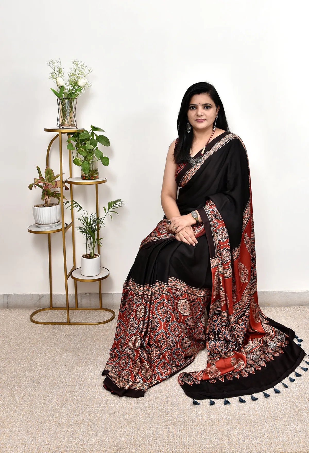 BLACK AND RED COLOR AJRAKH SAREE.