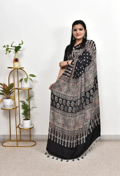 BLACK COLOR AJRAKH LOTUS SAREE