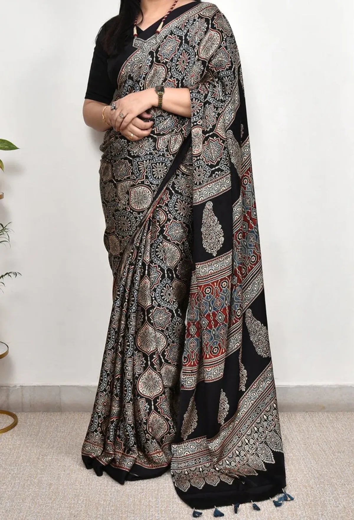 BLACK COLOR AJRAKH SAREE.