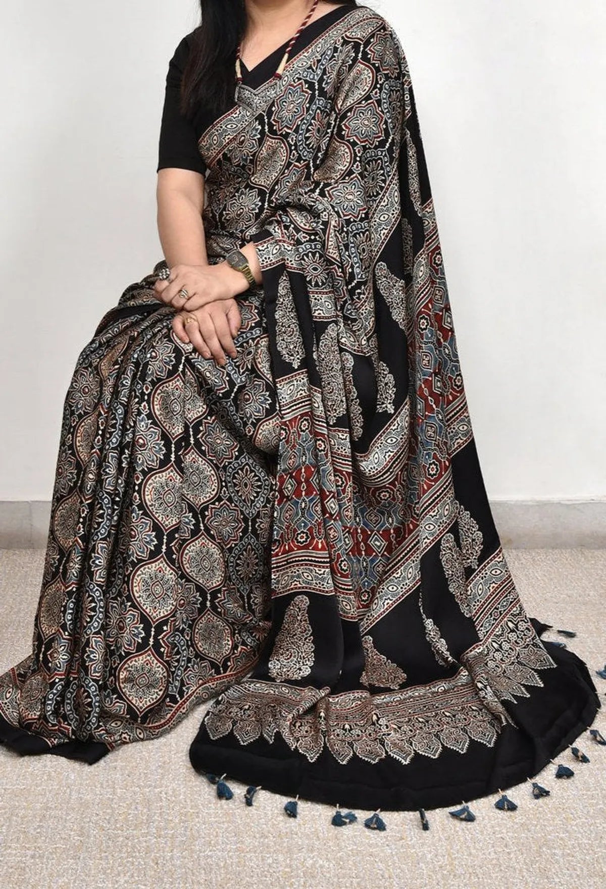 BLACK COLOR AJRAKH SAREE.