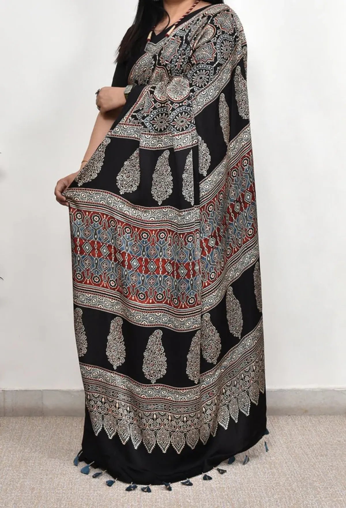 BLACK COLOR AJRAKH SAREE.
