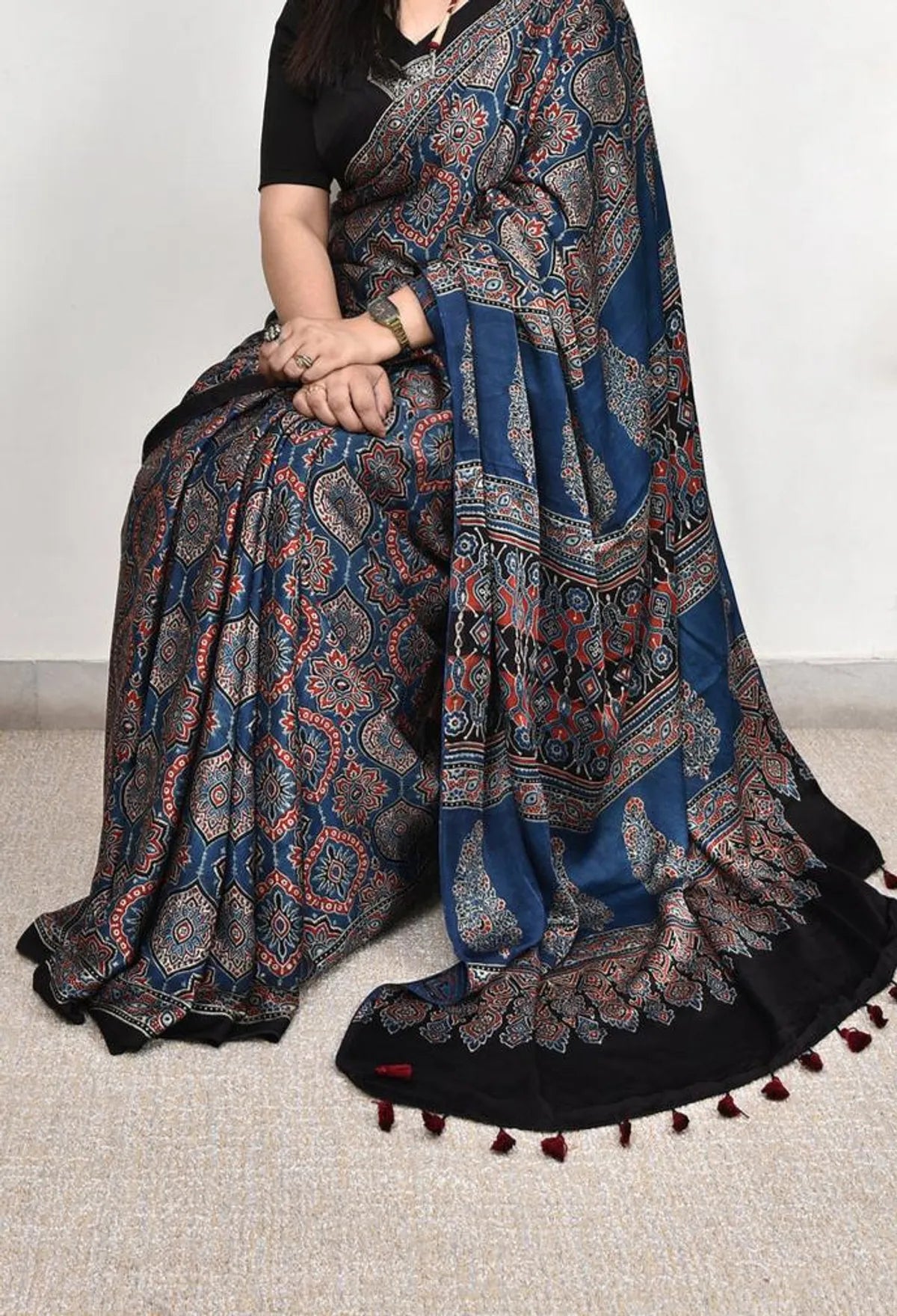 BLUE COLOR AJRAKH SAREE.