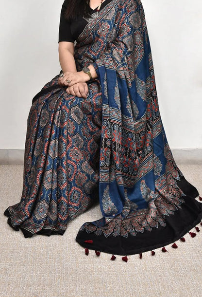 BLUE COLOR AJRAKH SAREE.