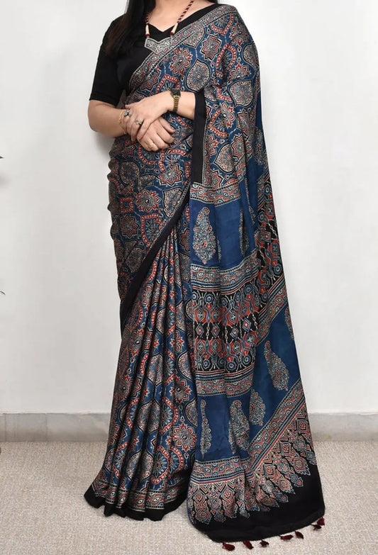 BLUE COLOR AJRAKH SAREE.