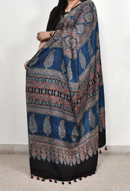BLUE COLOR AJRAKH SAREE.