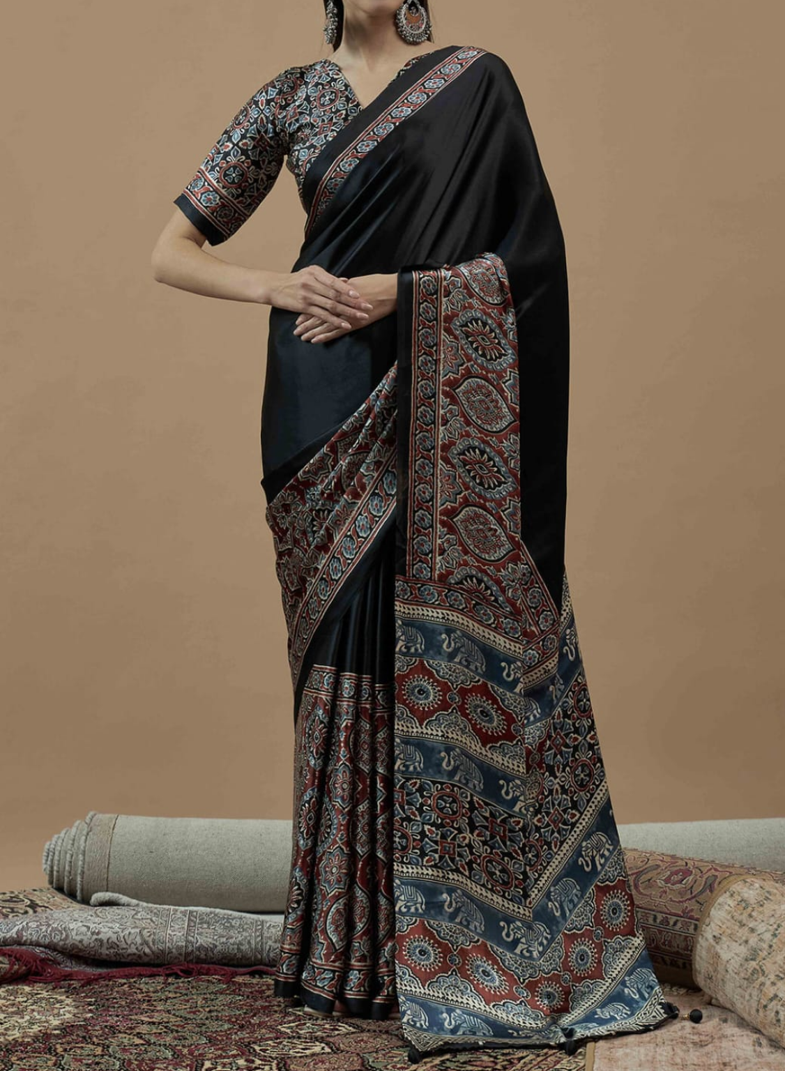 BLACK COLOR HALF AND HALF ELEPHANT AJRAKH SAREE.