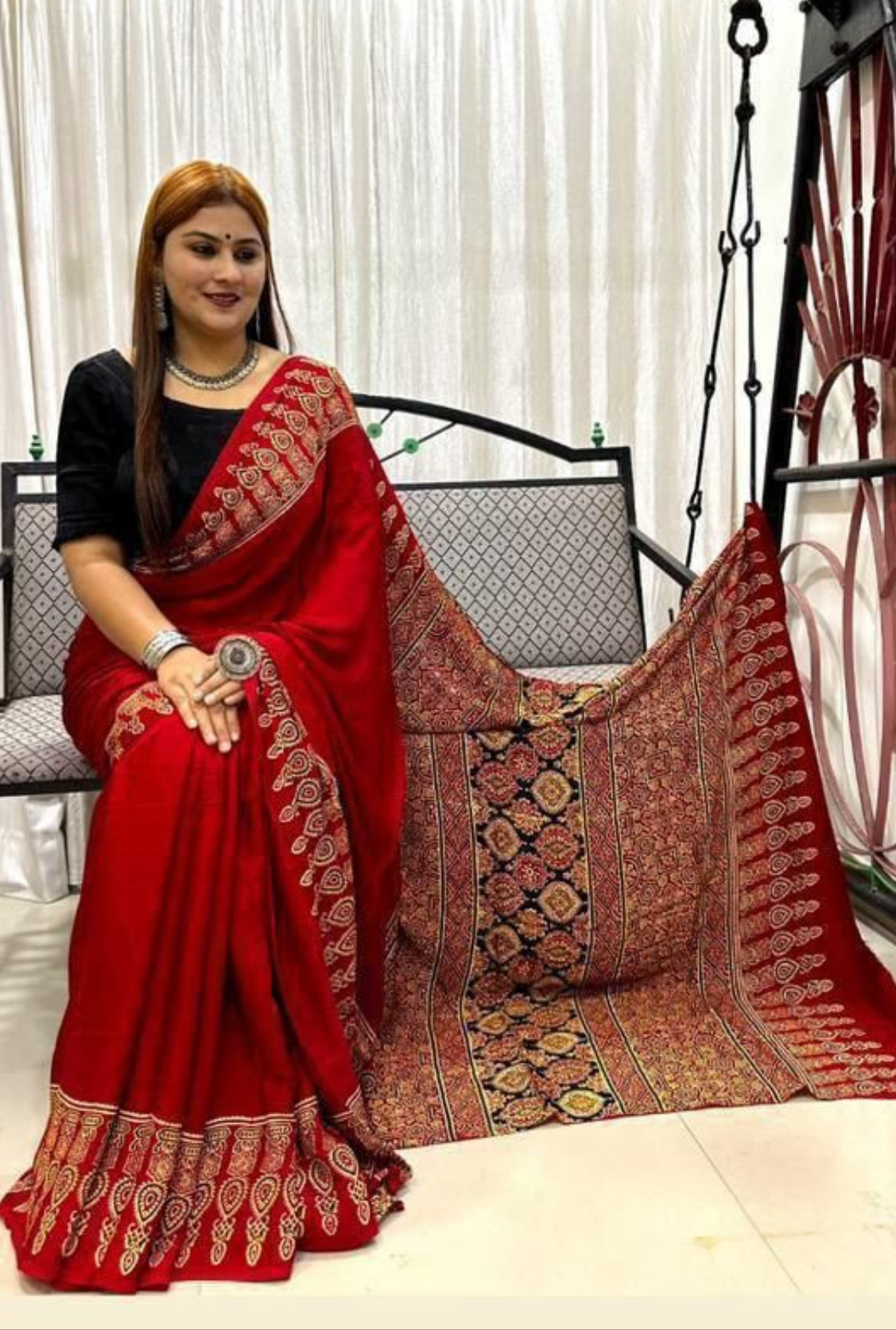 RED AJRAKH SAREE.