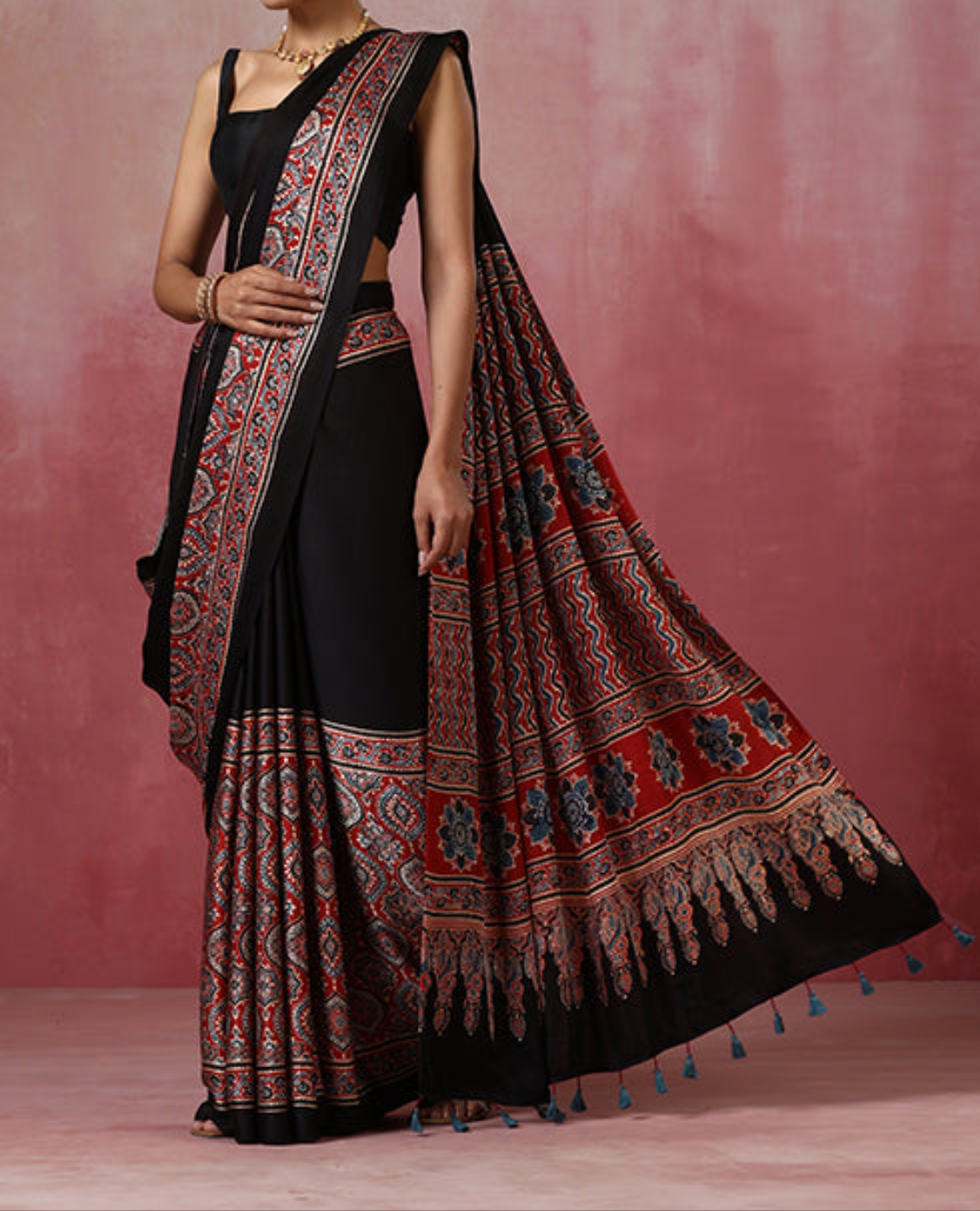 BLACK AND RED COLOR AJRAKH SAREE.