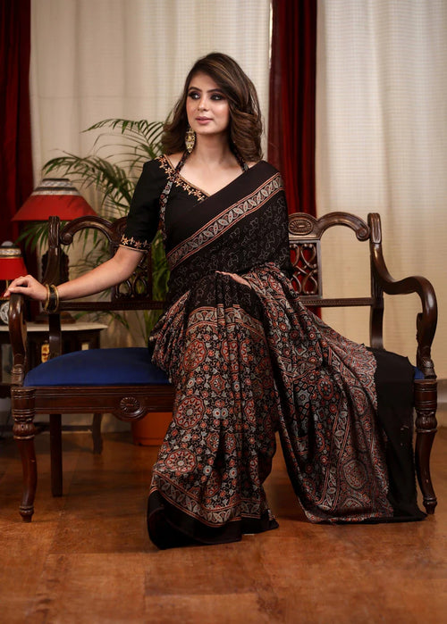 EXCLUSIVE BLACK AJRAKH SAREE