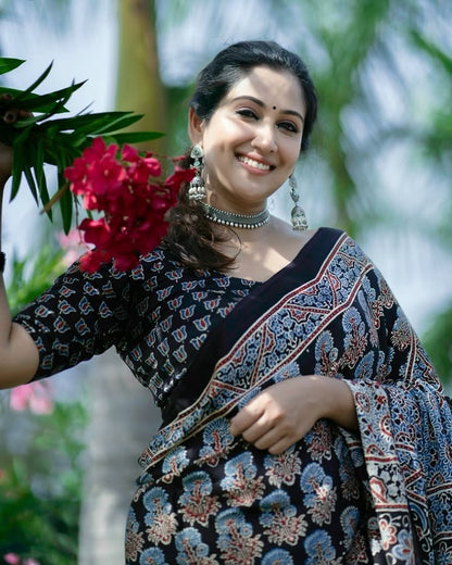 BLACK COLOR AJRAKH FLOWER SAREE