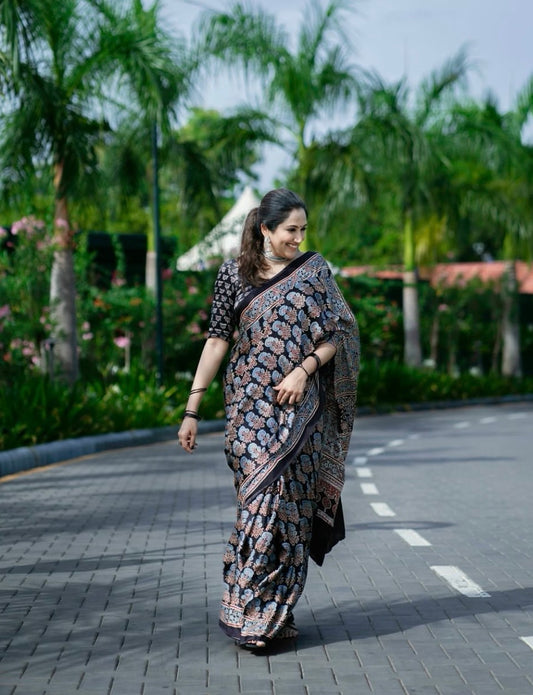 BLACK COLOR AJRAKH FLOWER SAREE