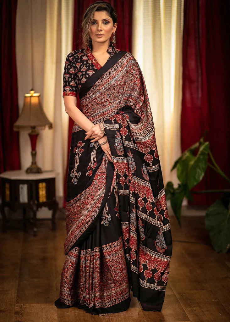 DESIGNER BLACK AND MAROON KALAMKARI SAREE