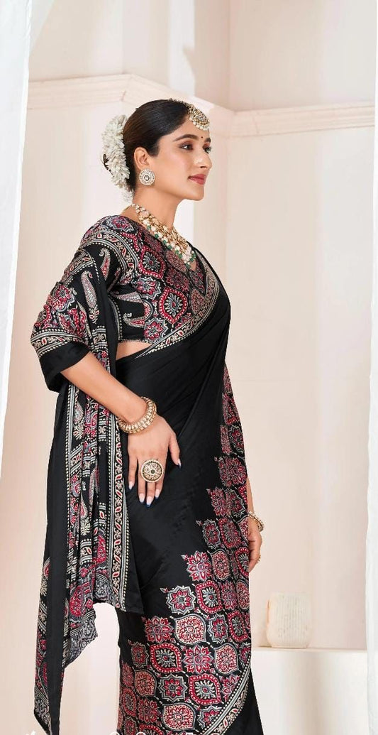 BLACK HALF BORDER AJRAKH SAREE.