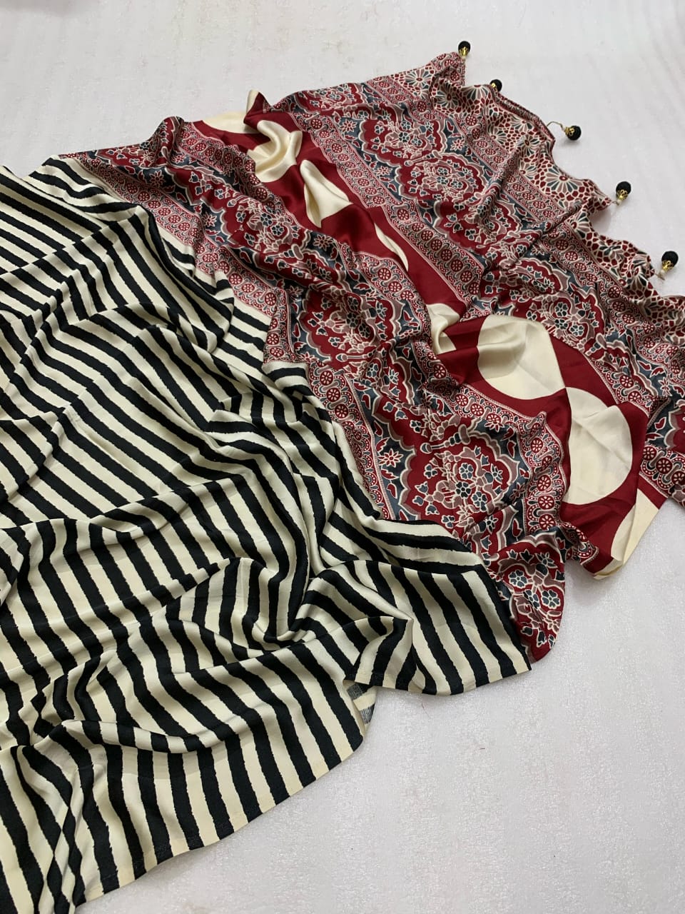 Black & Cream Modal Silk Ajrakh Strip Print Saree With Unstitched Blouse Piece