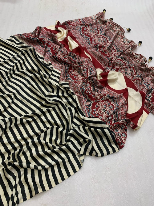 Black & Cream Modal Silk Ajrakh Strip Print Saree With Unstitched Blouse Piece