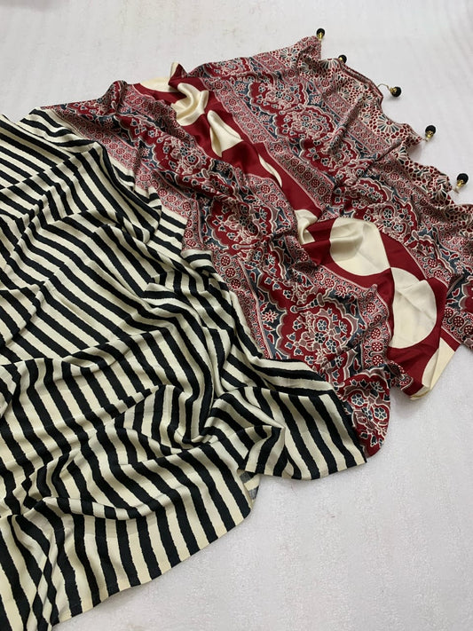 Black & Cream Modal Silk Ajrakh Strip Print Saree With Unstitched Blouse Piece