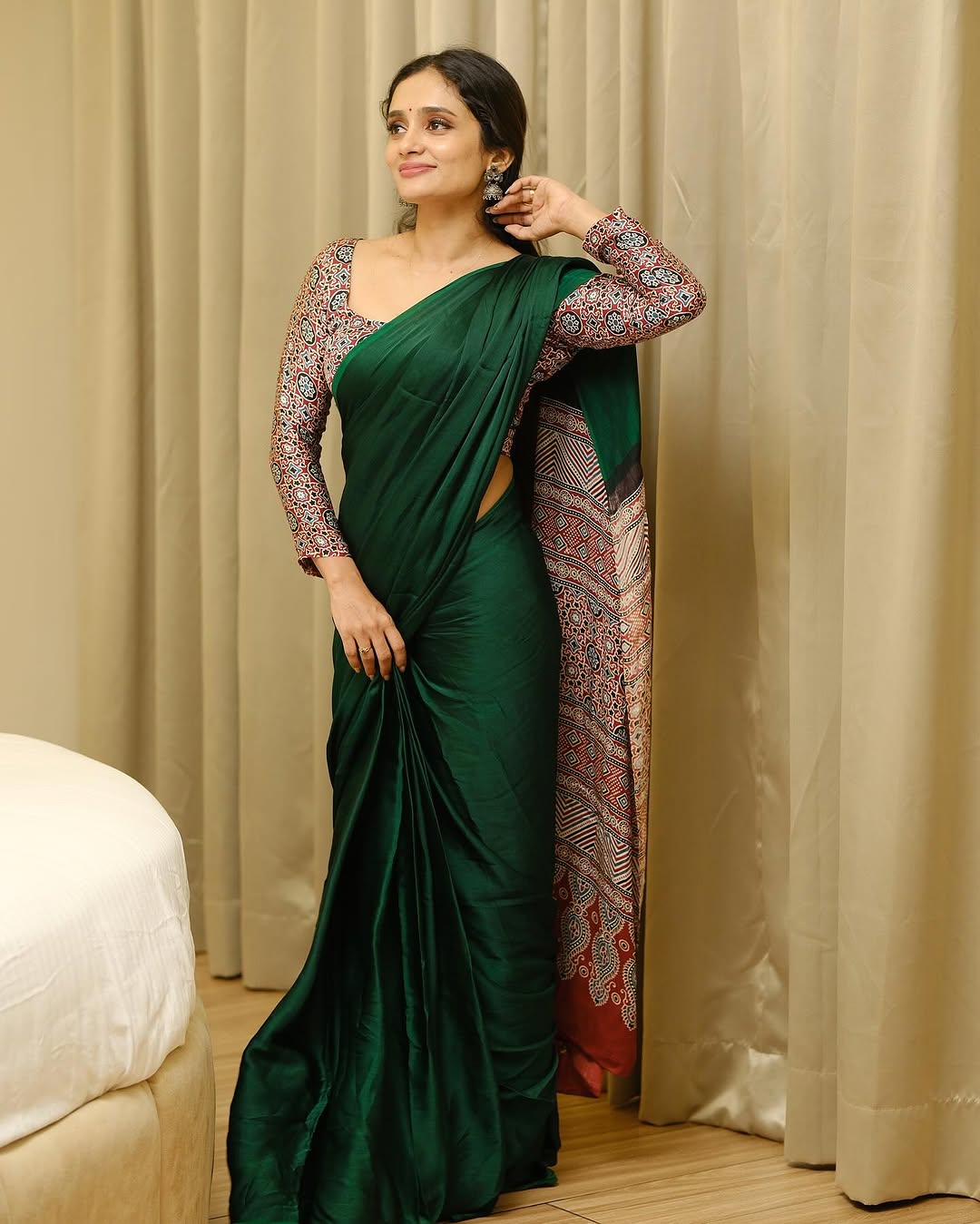 GREEN AND RED AJRAKH PALLU SAREE