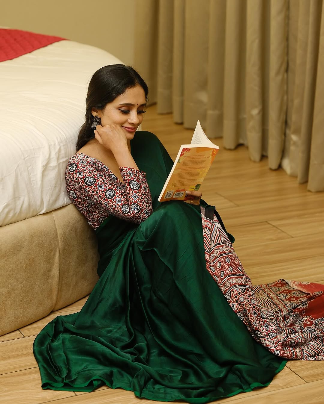 GREEN AND RED AJRAKH PALLU SAREE