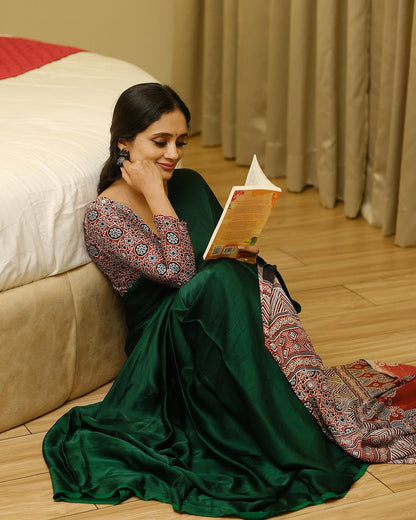 GREEN AND RED AJRAKH PALLU SAREE