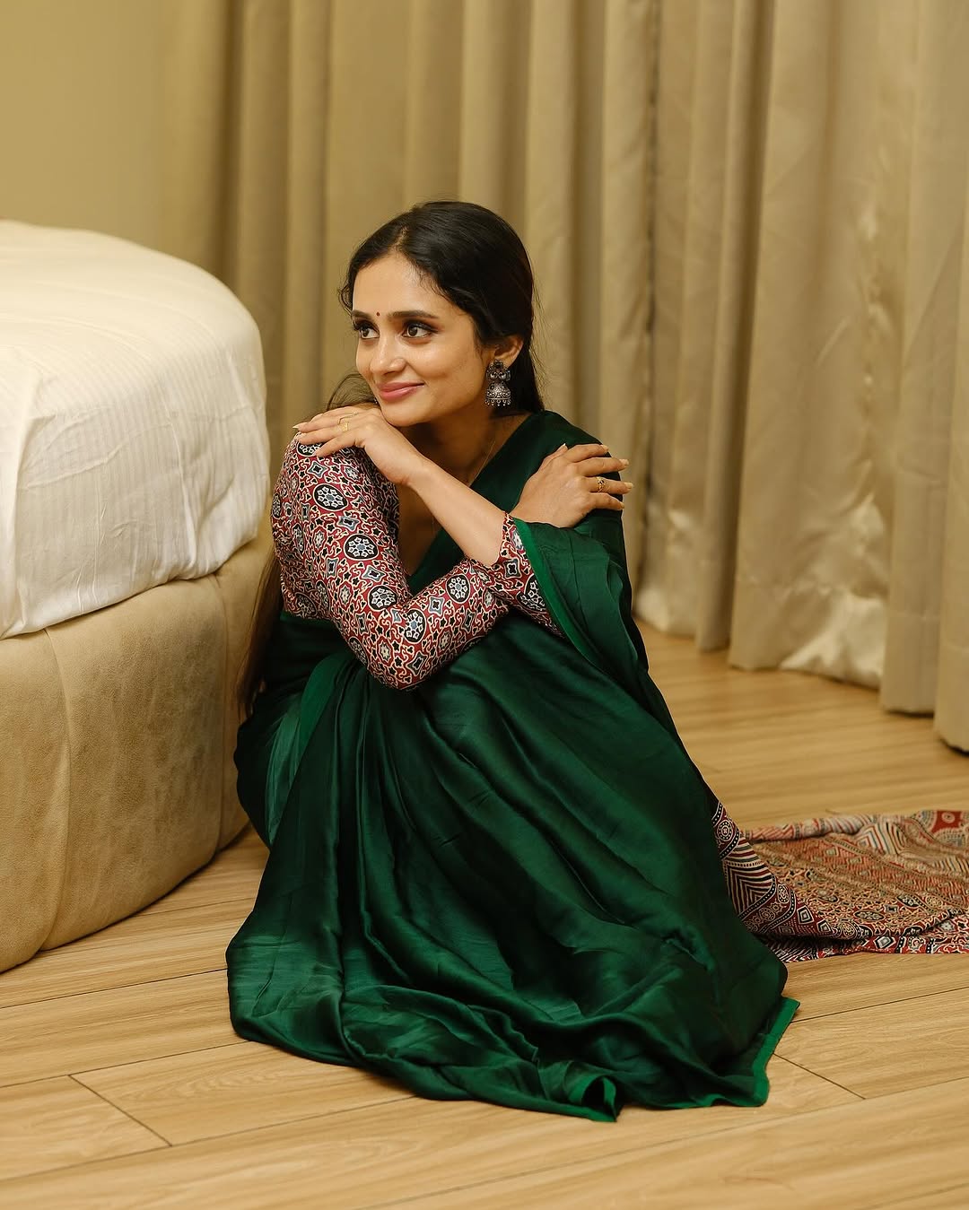 GREEN AND RED AJRAKH PALLU SAREE