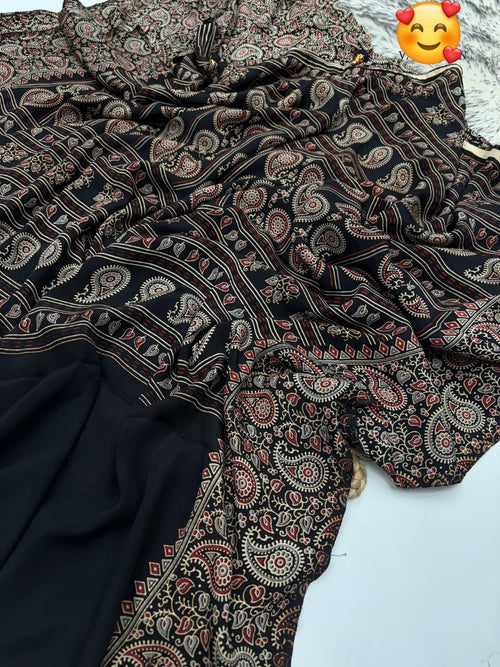 BLACK COLOR AJRAKH SAREE(SMALL KERI)