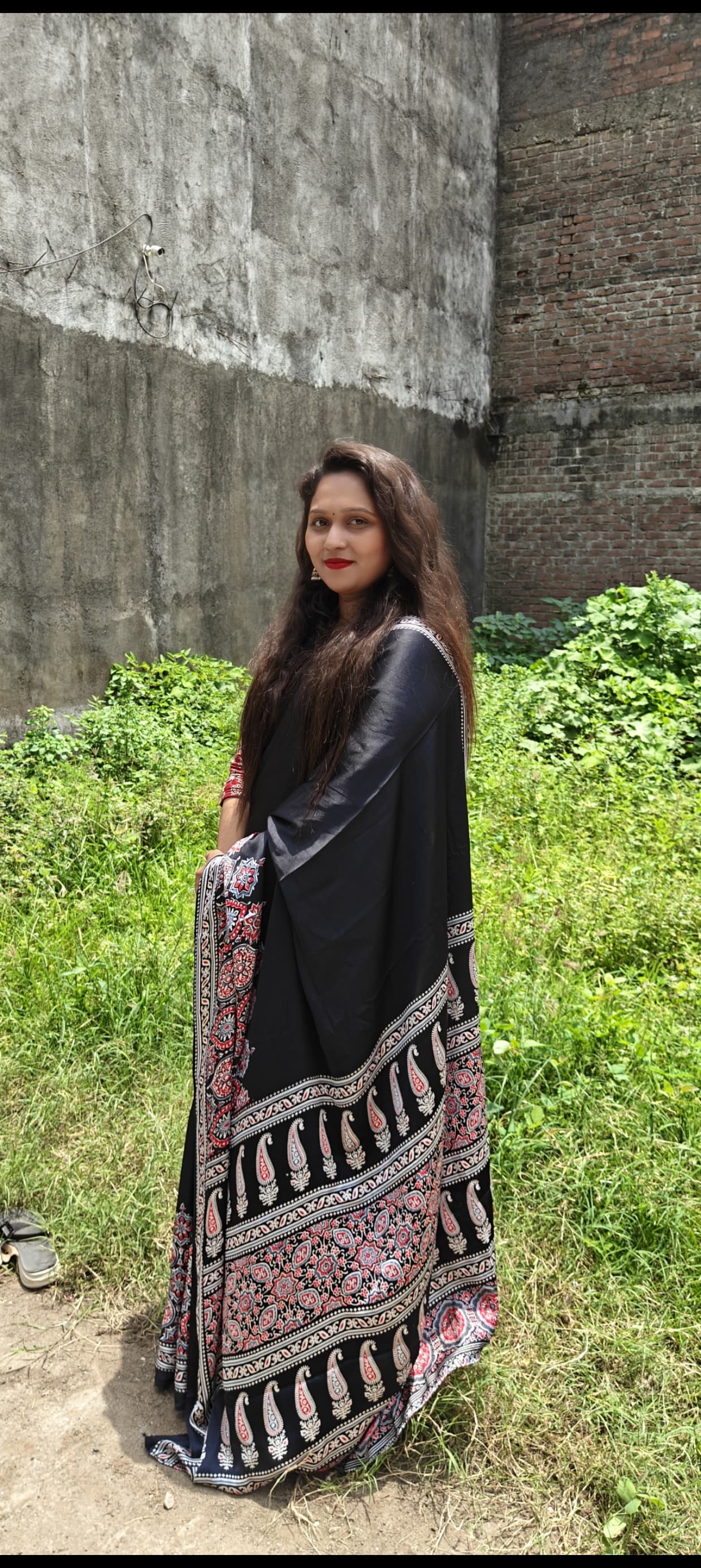 BLACK COLOR HALF AND HALF AJRAKH SAREE