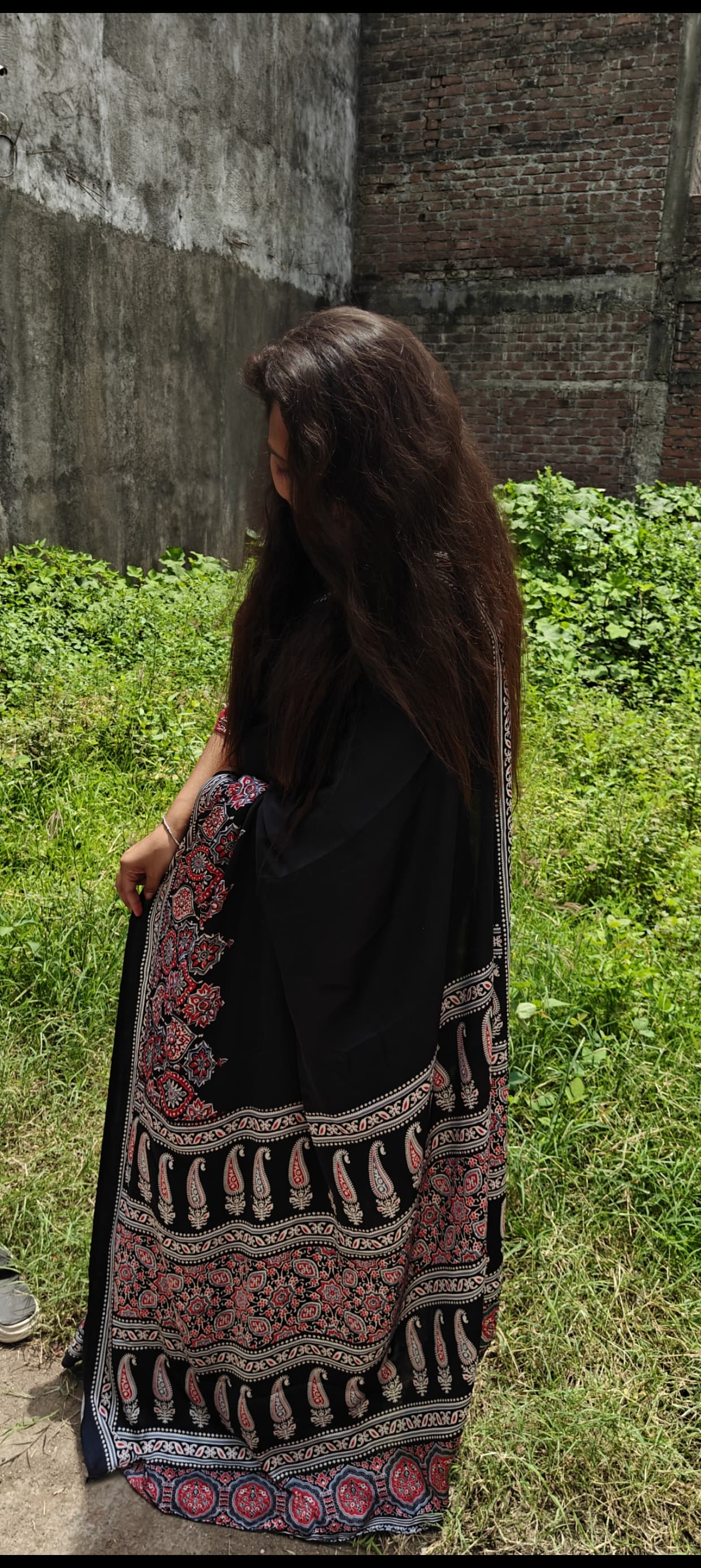 BLACK COLOR HALF AND HALF AJRAKH SAREE
