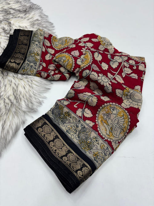 New Pure Red Mangalkari Viscouse Silk Print n Weaving Work Fancy Designer Festive Wear Saree for Women
