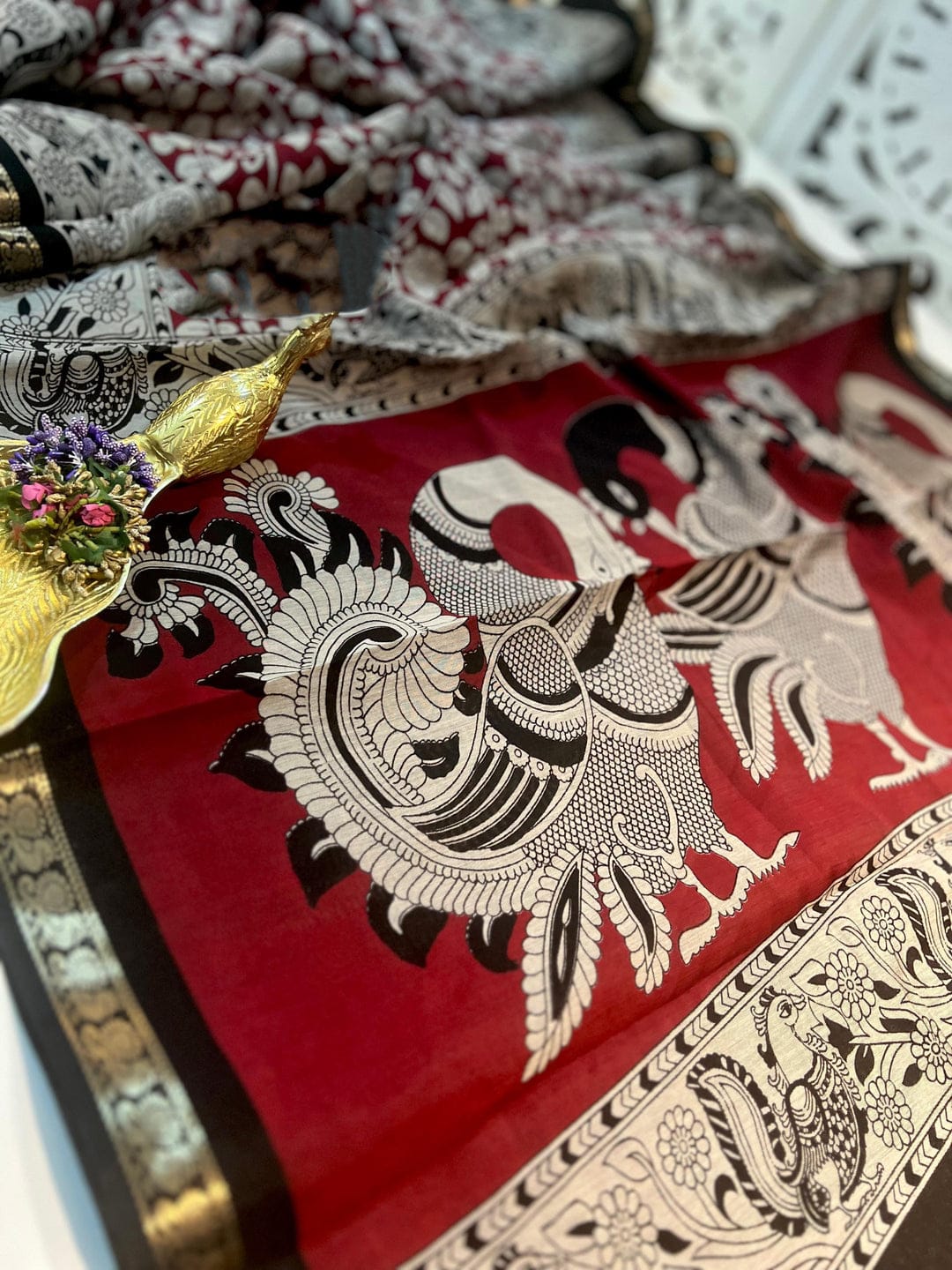Red Mangalkari Viscouse Silk Print n Weaving Work Fancy Designer Festive Wear Saree for Women
