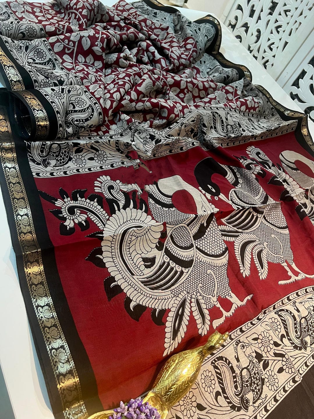 Red Mangalkari Viscouse Silk Print n Weaving Work Fancy Designer Festive Wear Saree for Women