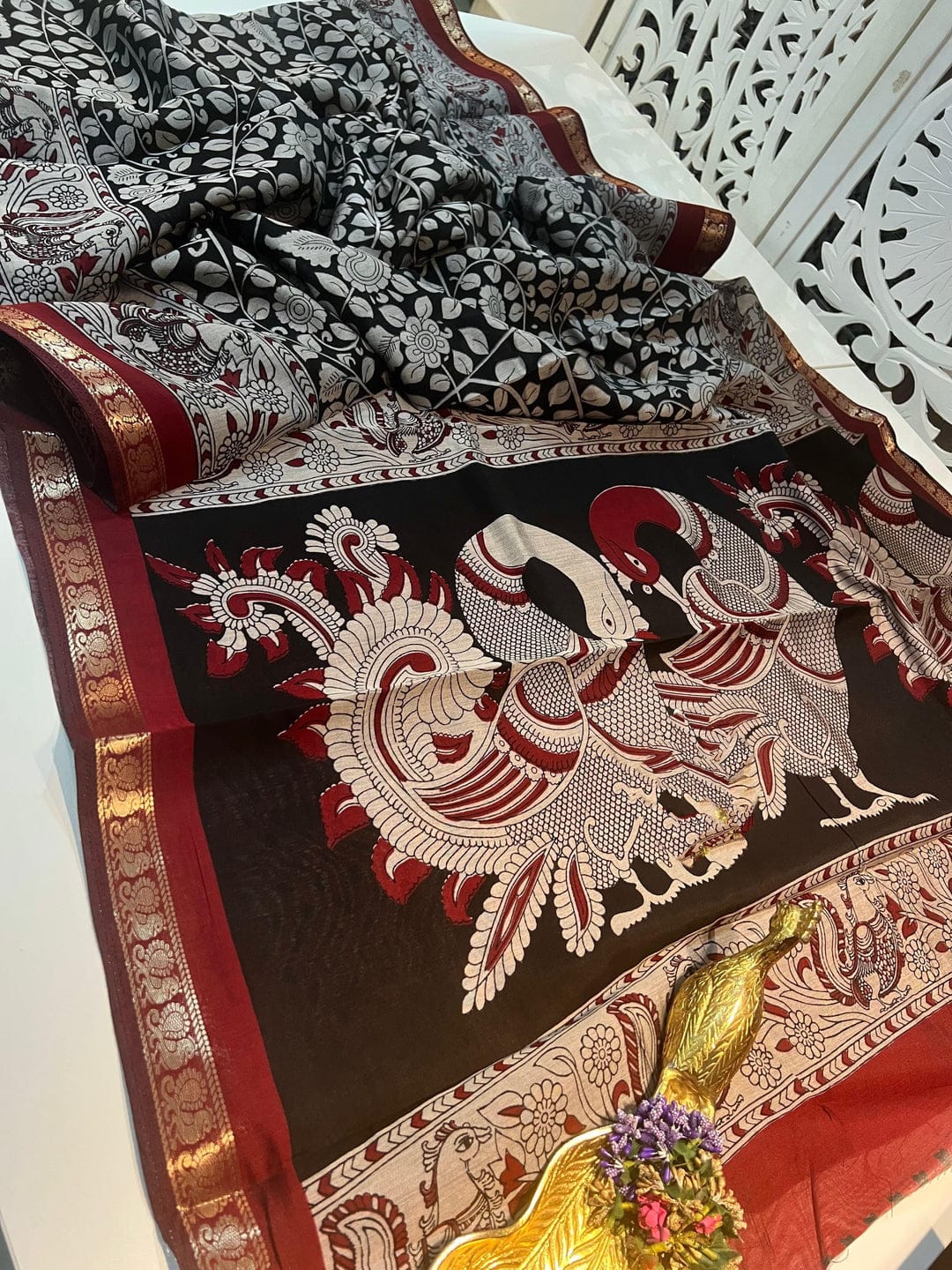 Black Mangalkari Viscouse Silk Print n Weaving Work Fancy Designer Festive Wear Saree for Women