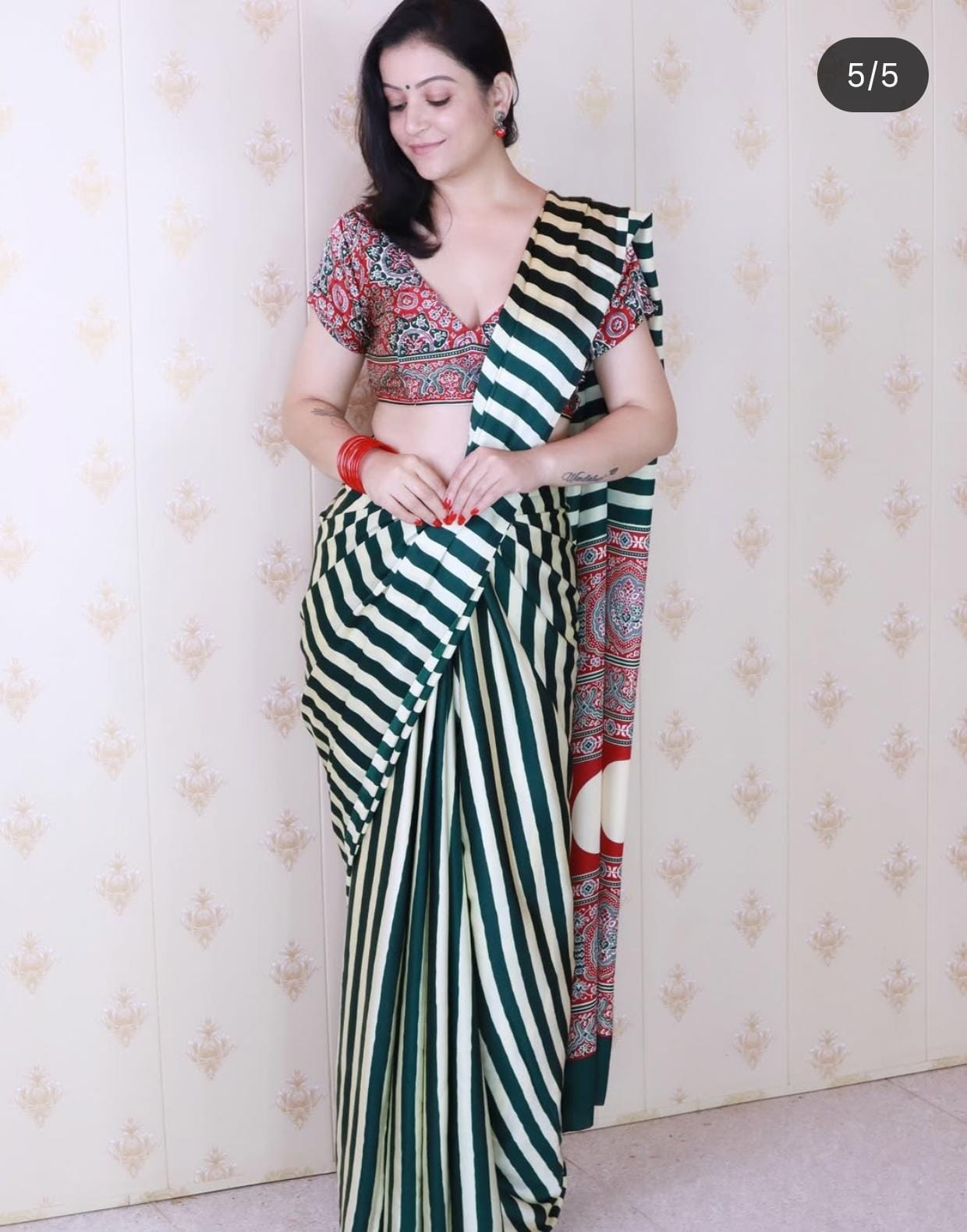 GREEN AND OFFWHITE AJRAKH PALLU SAREE