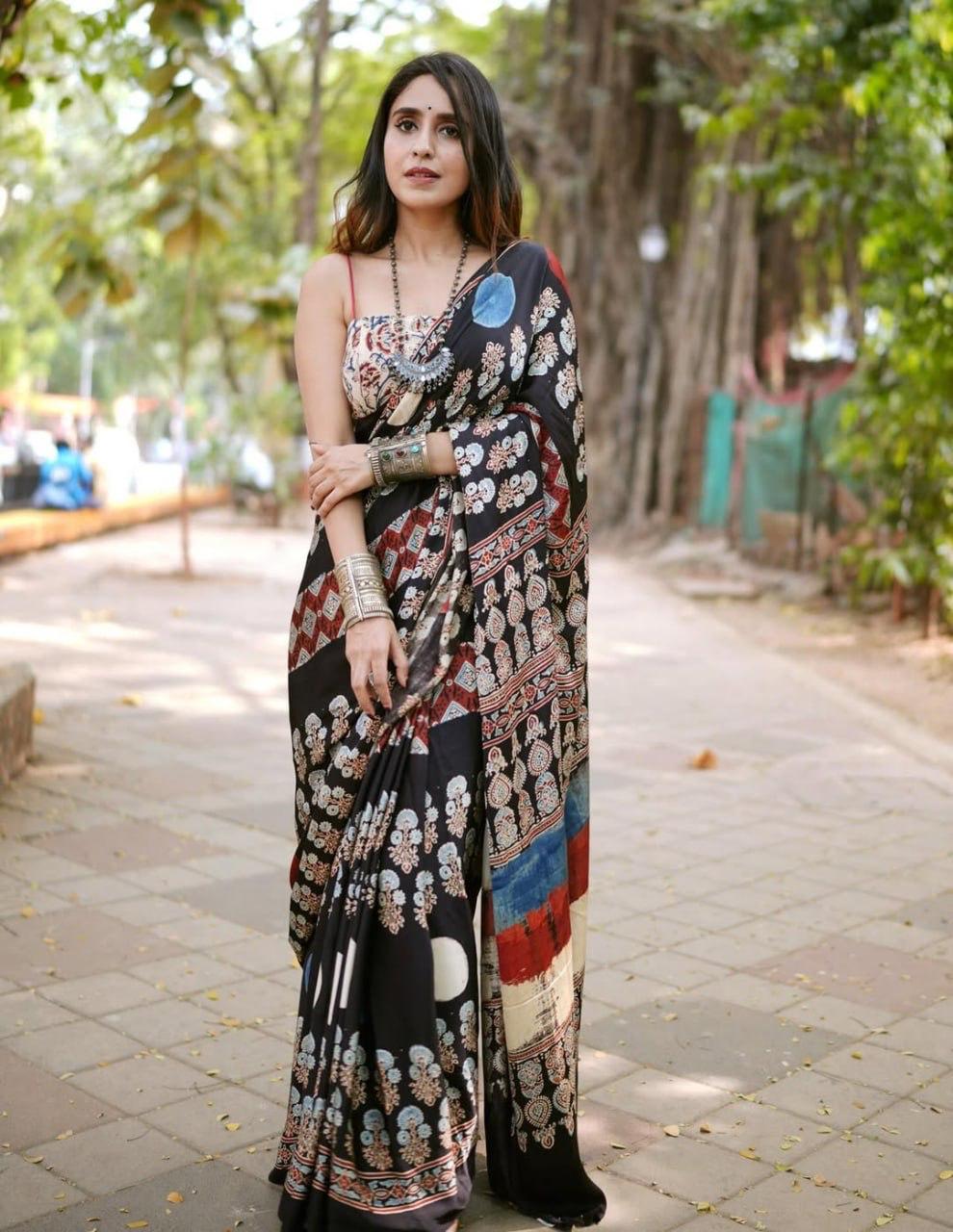BLACK AJRAKH PALLU SAREE