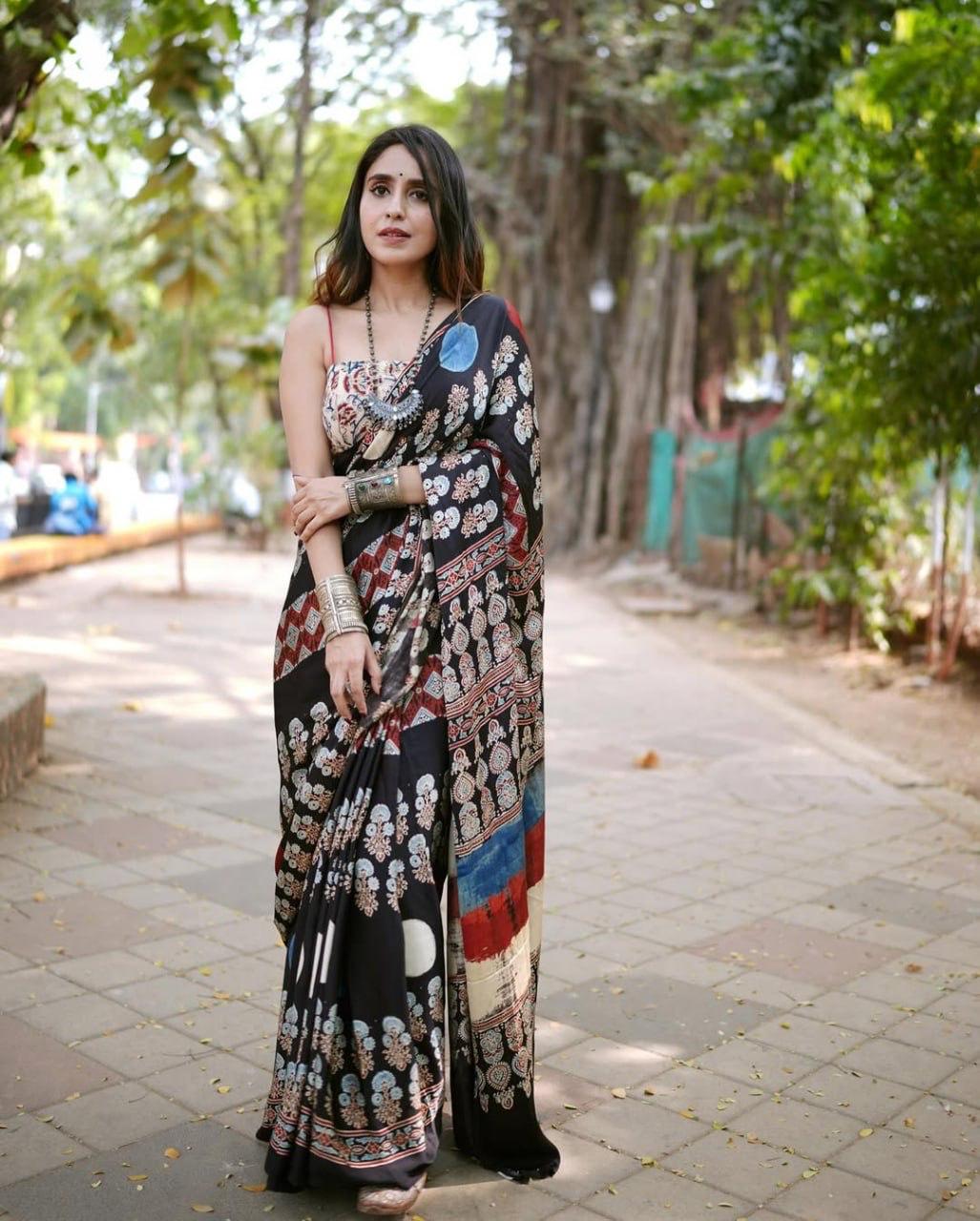 BLACK AJRAKH PALLU SAREE